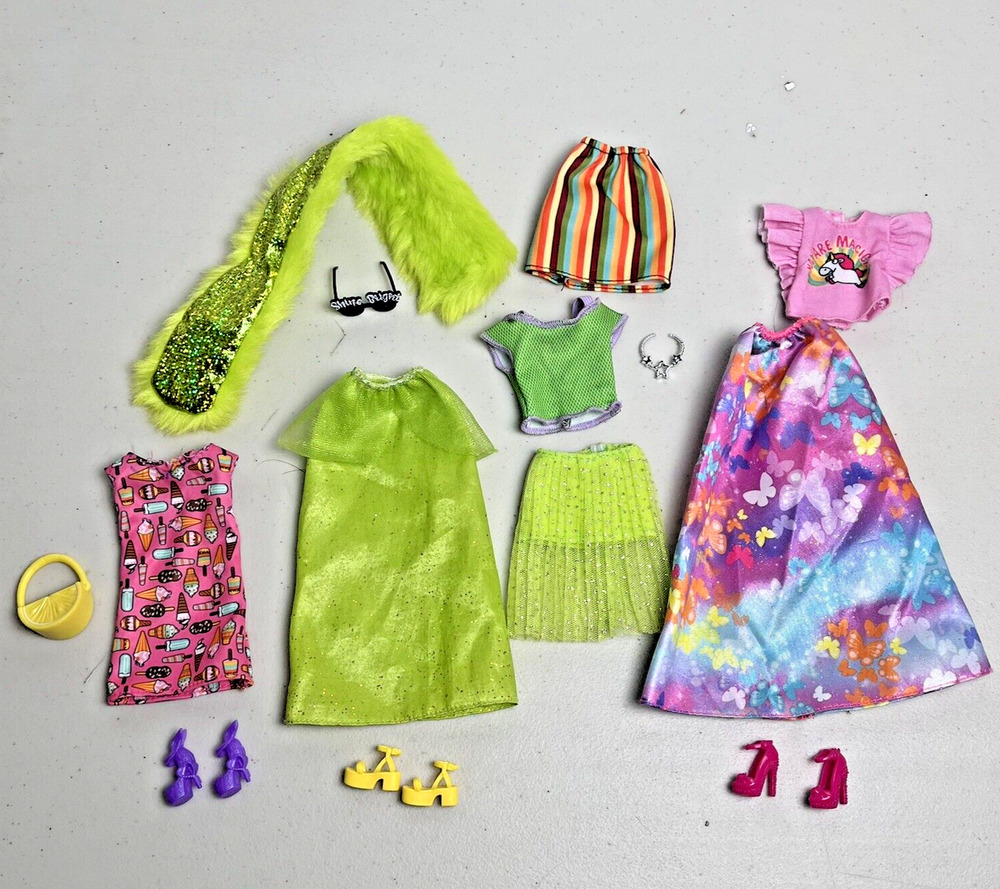 Barbie Doll Clothes Outfits Shoes Purse Glasses Neon Green Faux Fur Scarf Lot